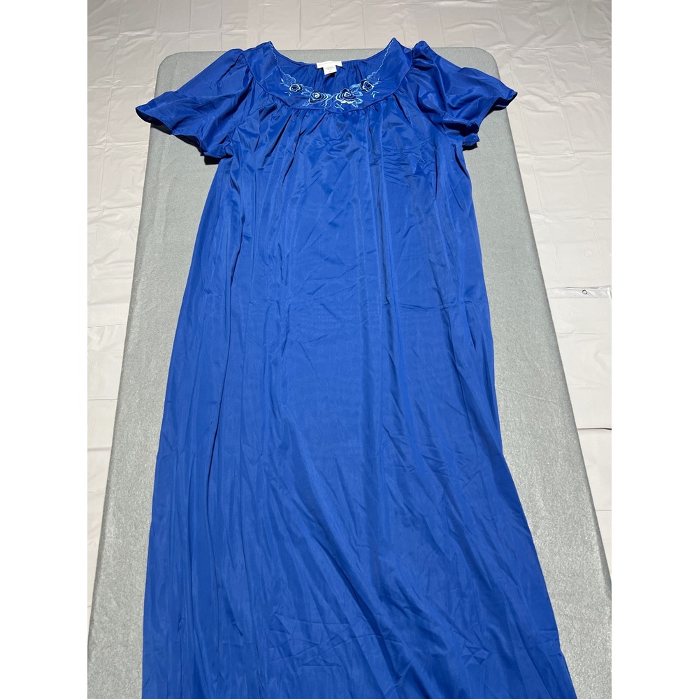 Shadowline Vintage Royal Blue Floral Embroidered Maxi Nightgown Short Sleeve 2X